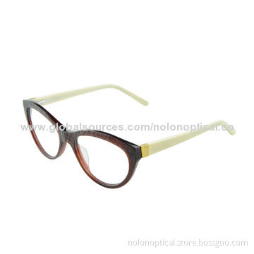 Cat eye shape acetate optical frames in brown with white